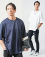 がっちり体型30代メンズ夏コーデ3点セット　白半袖Tシャツ×ネイビー半袖Tシャツ×黒ストレッチチノパンツ