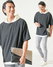 がっちり体型30代メンズ夏の2点コーデセット 黒5分袖プルオーバーパーカー×グレーストレッチチノパンツ