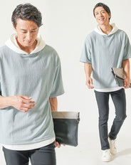 メンズ夏の2点コーデセット サックス5分袖プルオーバーパーカー×黒ストレッチチノパンツ