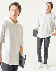 メンズ夏の2点コーデセット グレー5分袖プルオーバーパーカー×黒ストレッチチノパンツ