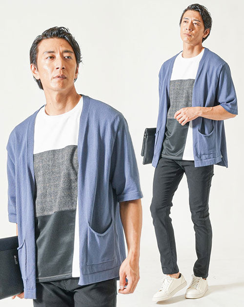 30代メンズ夏の3点コーデセット　ダークブルー5分袖サマーカーディガン×白半袖Tシャツ×黒スリムチノパンツ