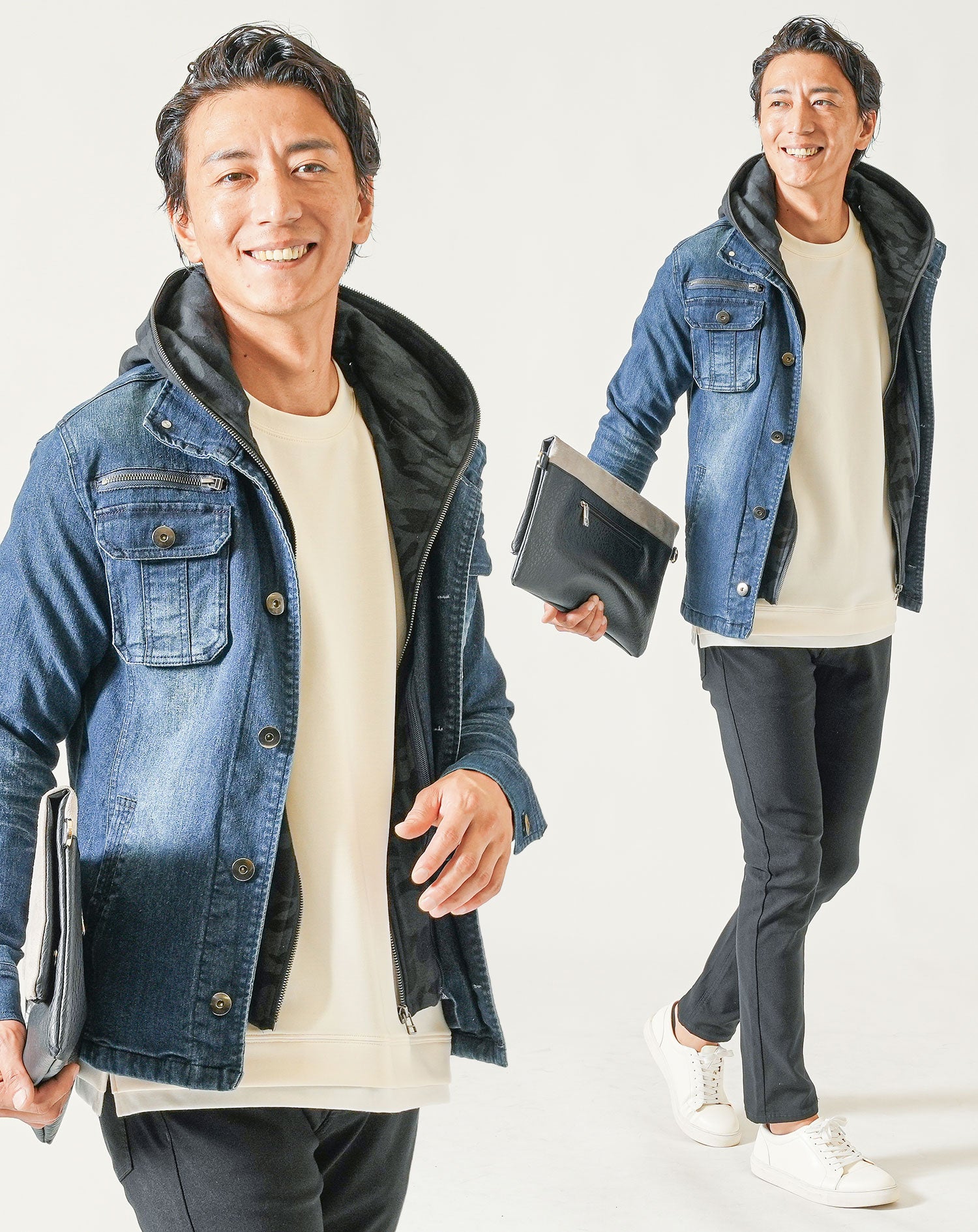 30代メンズ3点コーデセット　インディゴ長袖デニムジャケット×白長袖Tシャツ×黒ストレッチテーパードチノパンツ