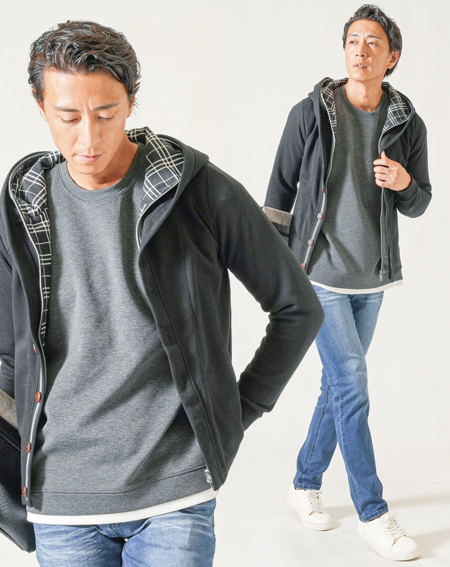 30代メンズ3点コーデセット　黒長袖パーカー×グレー長袖Tシャツ×ダークブルーストレッチデニムパンツ