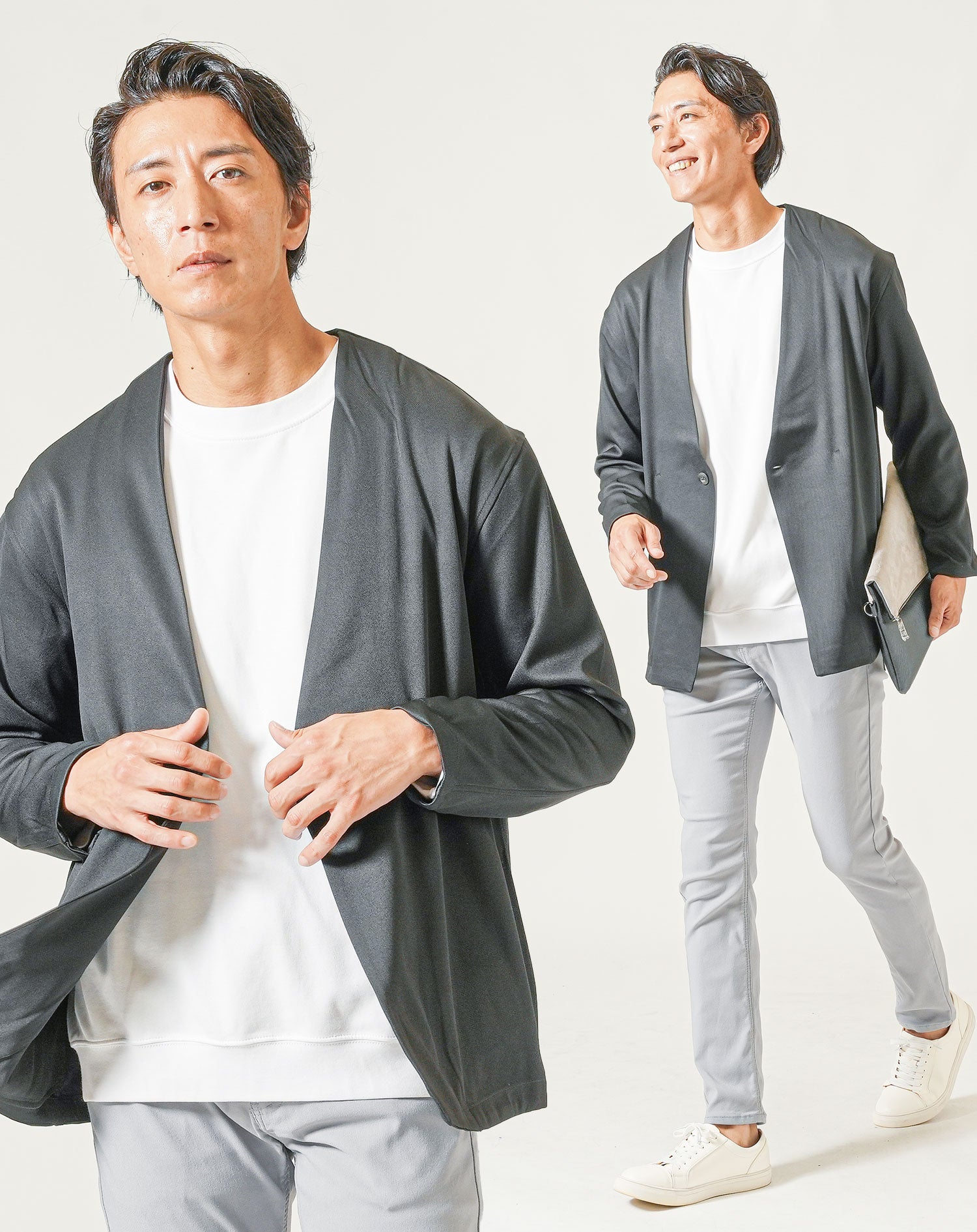 30代メンズ秋服3点コーデセット　黒長袖ノーカラージャケット×白長袖Tシャツ×グレーテーパードチノパンツ