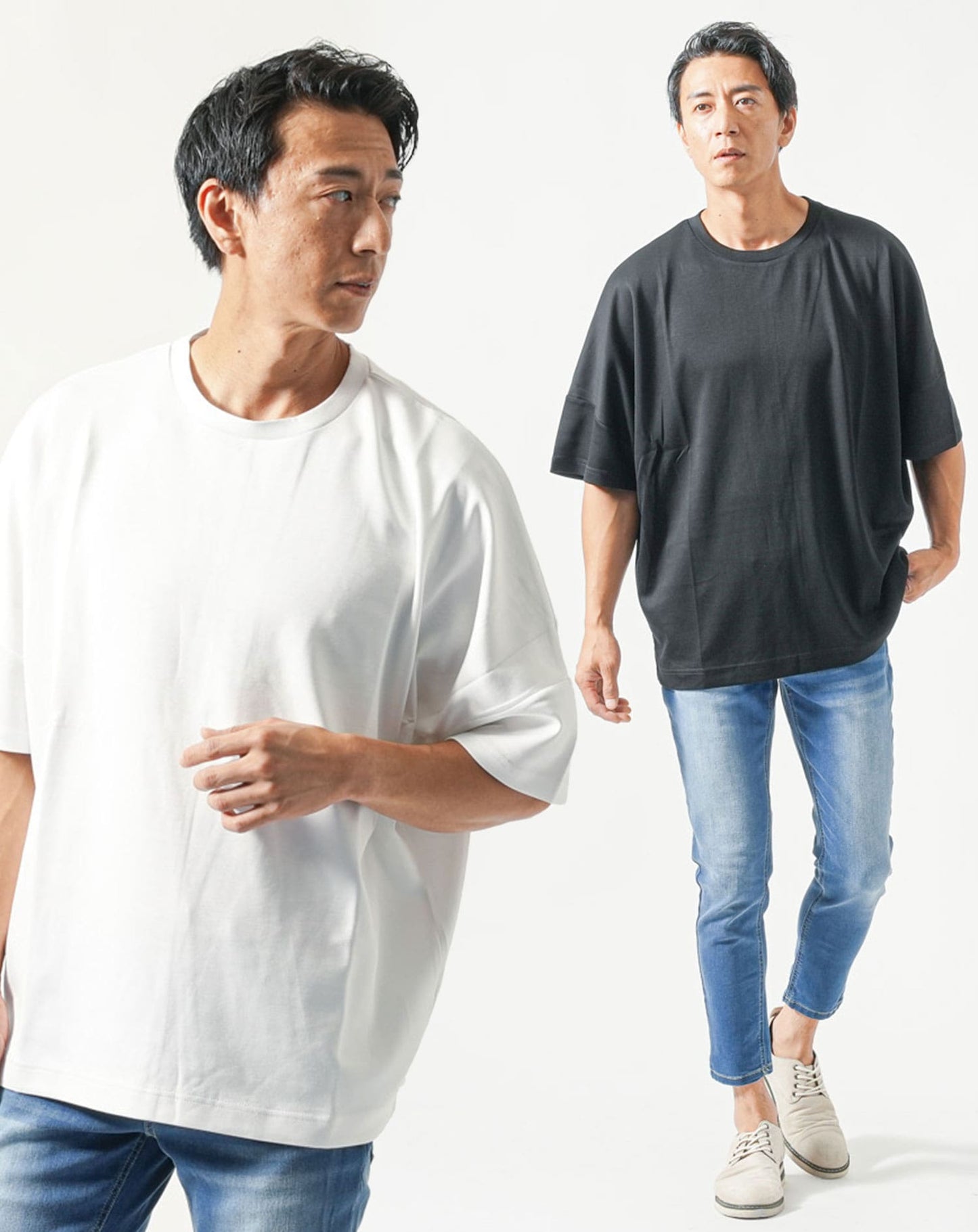 30代メンズ夏服全身3点コーデセット　白半袖Tシャツ×黒半袖Tシャツ×ブルーアンクルデニムパンツ