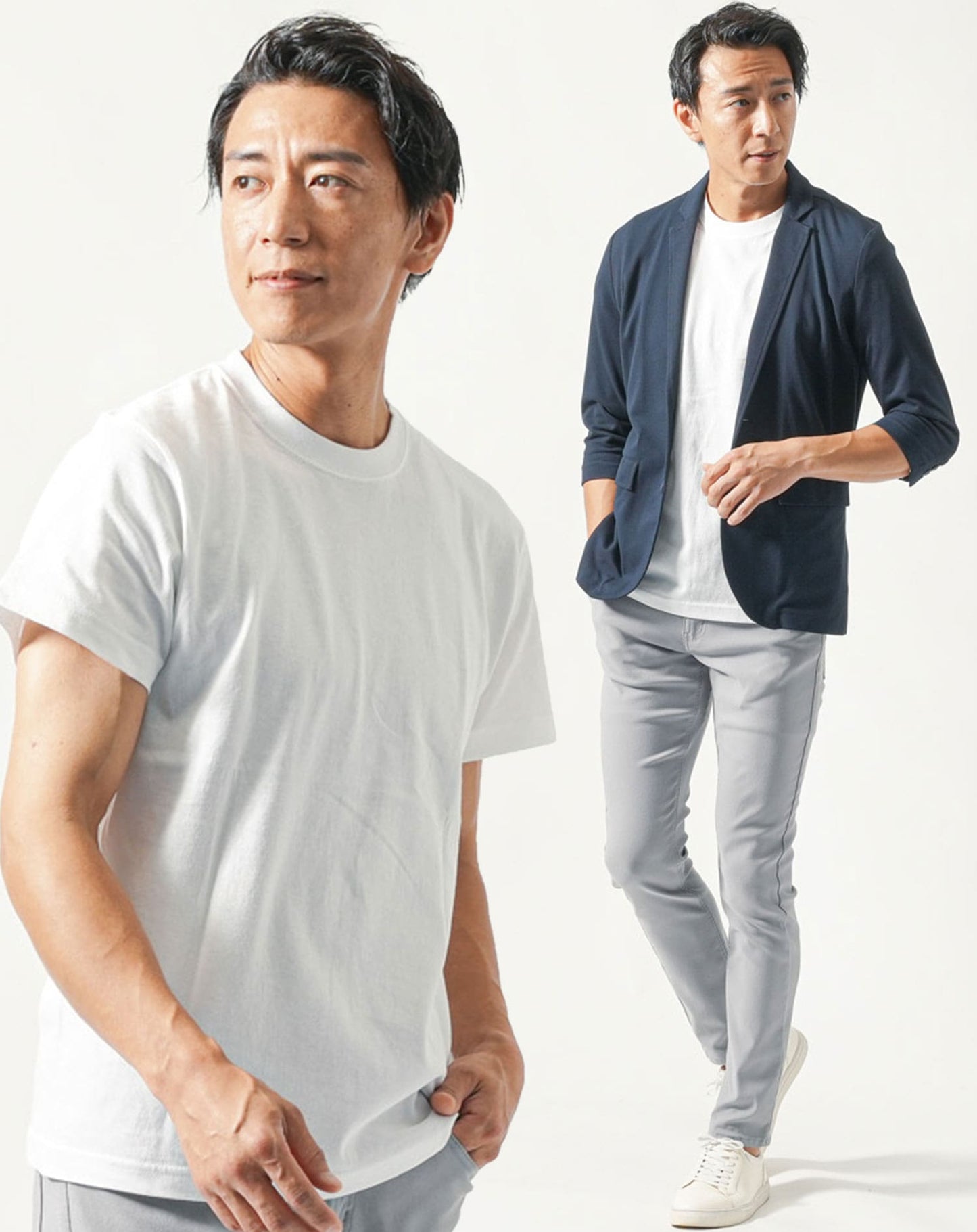 30代メンズ夏服全身3点コーデセット　ネイビー7分袖テーラードジャケット×白半袖Tシャツ×グレーストレッチチノパンツ