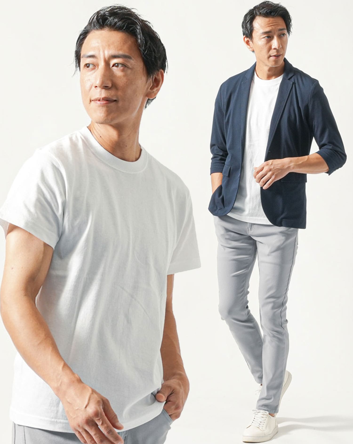 30代メンズ夏服全身3点コーデセット　ネイビー7分袖テーラードジャケット×白半袖Tシャツ×グレーストレッチチノパンツ 30代 マネキン買い 夏服 接触冷感 冷感 涼しい サマージャケット カットソー チノパン 全身 男性 デート 服装 コーディネート アウター インナー ズボン ボトムス スリム 細身