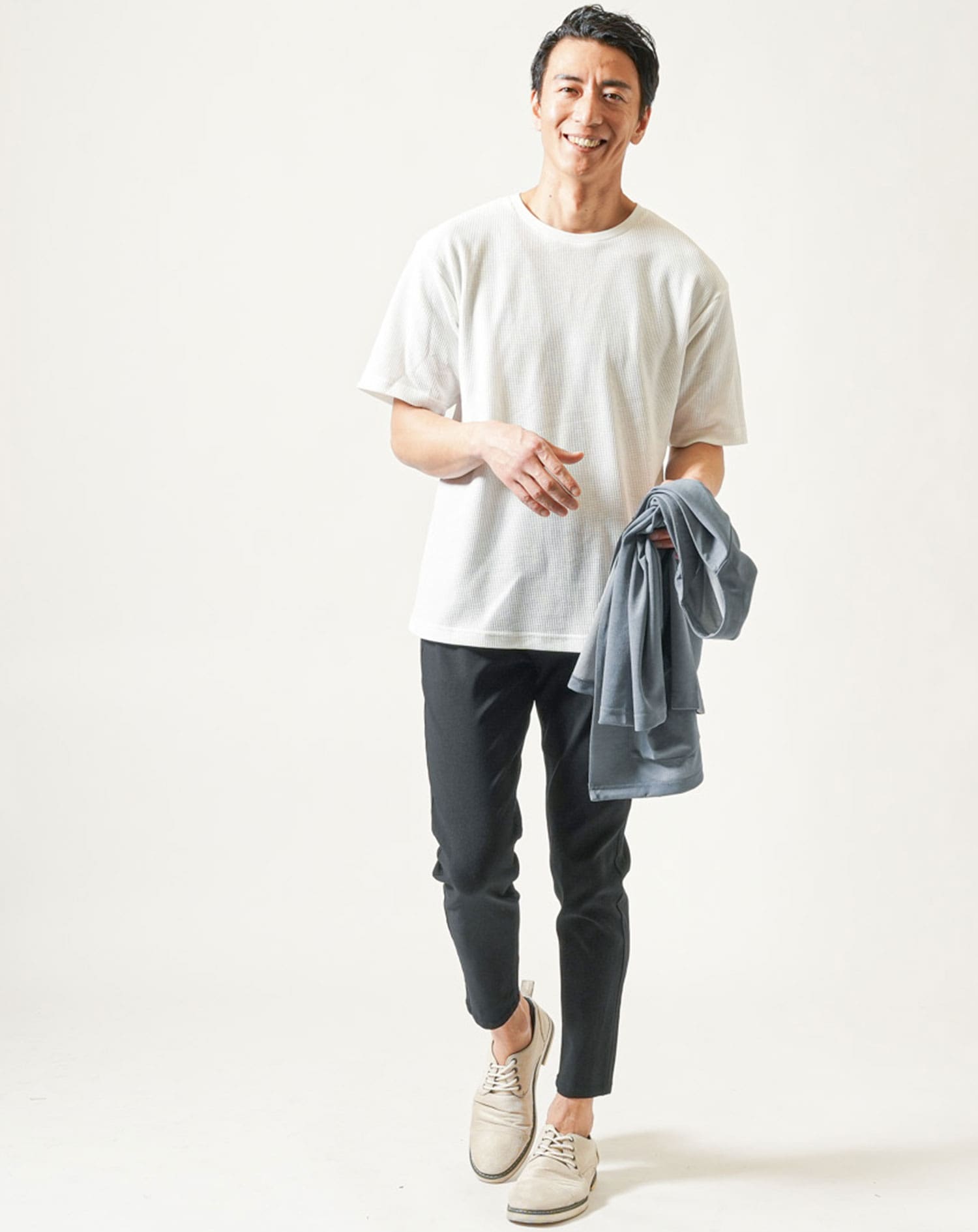 30代メンズ夏服全身3点コーデセット サックスブルー7分袖カーディガン