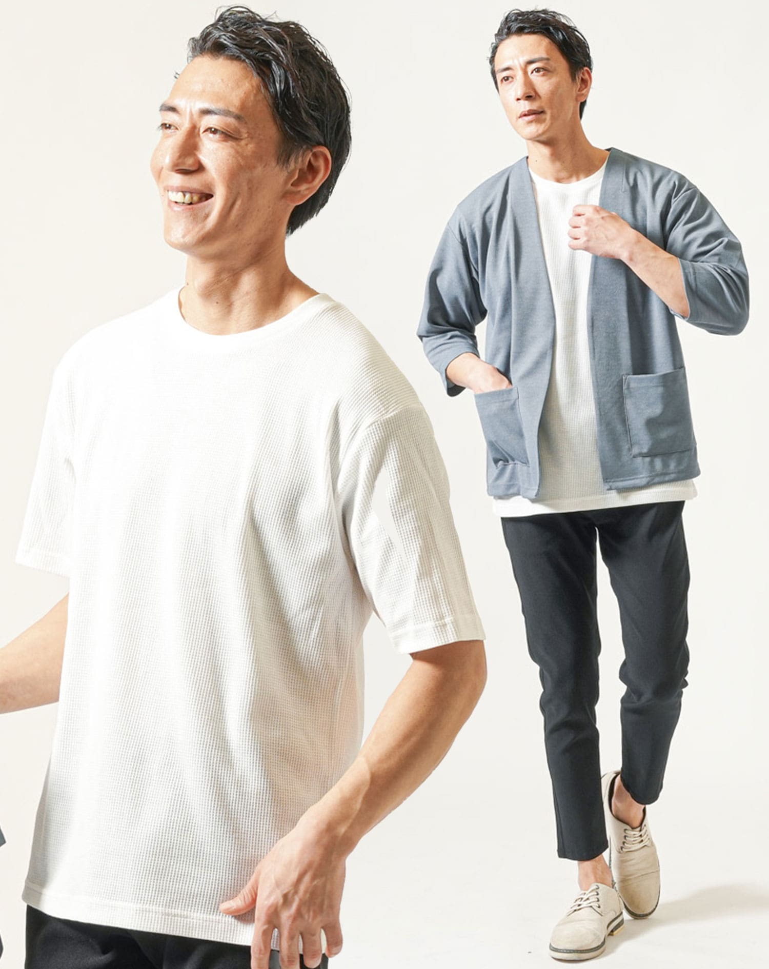 30代メンズ夏服全身3点コーデセット　サックスブルー7分袖カーディガン×白半袖Tシャツ×黒アンクルチノパンツ 30代 マネキン買い 夏服 接触冷感 冷感 涼しい 上着 カットソー チノパン スリム 細身 全身 男性 デート 服装 コーディネート アウター インナー ズボン ボトムス トレンド 流行り