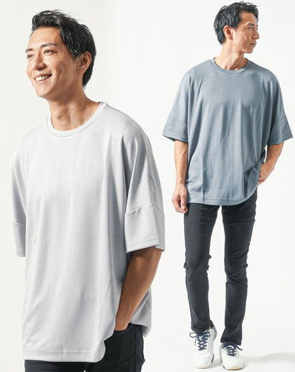 30代メンズ夏服全身3点コーデセット　ブルー半袖Tシャツ×グレー半袖Tシャツ×黒ストレッチチノパンツ 30代 マネキン買い 夏服 接触冷感 冷感 涼しい カットソー チノパン スリム オーバーサイズ ゆったり 大きめ がっちり体型 全身 男性 デート 服装 コーディネート インナー ズボン ボトムス トレンド 流行り