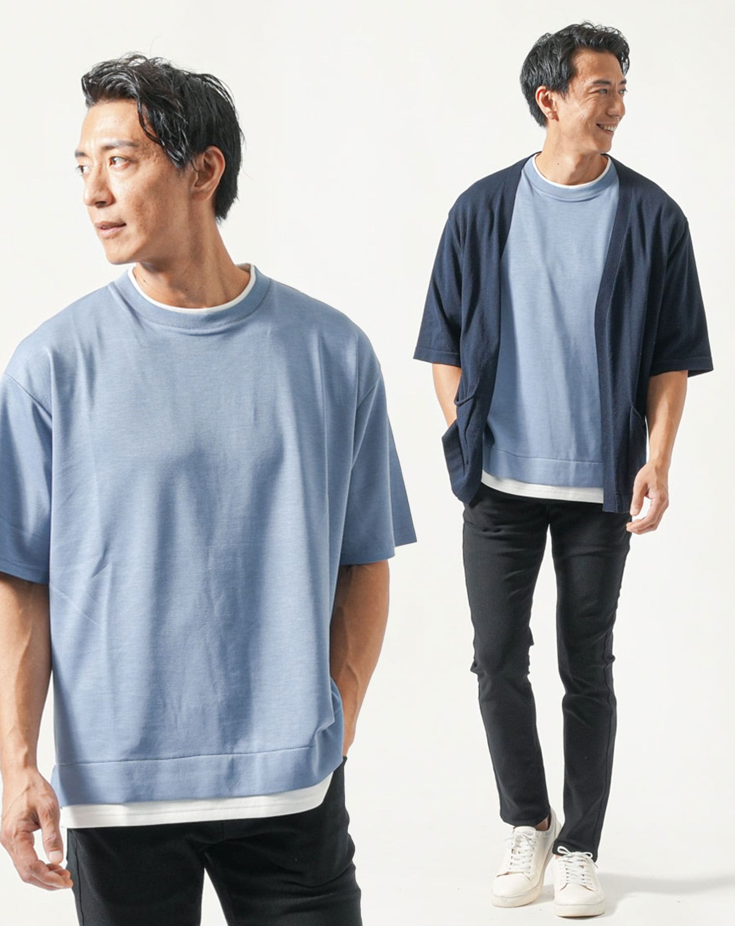 30代メンズ夏服全身3点コーデセット　ネイビー5分袖カーディガン×サックス半袖Tシャツ×黒ストレッチチノパンツ 30代 マネキン買い 夏服 接触冷感 冷感 涼しい オーバーサイズ ゆったり サマーニット カットソー チノパン 全身 男性 デート 服装 コーディネート アウター インナー ズボン ボトムス トレンド 流行り がっちり体型