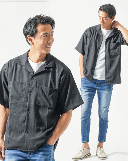 30代メンズ夏服全身3点コーデセット　黒半袖オープンカラーシャツ×白半袖Tシャツ×ブルーアンクルデニムパンツ