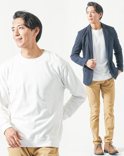 30代メンズ全身3点コーデセット　ネイビー長袖テーラードジャケット×白長袖Tシャツ×ベージュチノパンツ 30代 マネキン買い テーラードジャケット 上着 カットソー チノパン スリム 細身 全身 男性 デート 服装 コーディネート アウター インナー ズボン ボトムス トレンド 流行り