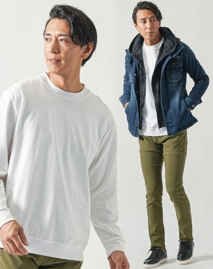 30代メンズ全身3点コーデセット　インディゴデニムジャケット×白長袖Tシャツ×カーキチノパンツ 30代 マネキン買い Gジャン 上着 カットソー チノパン スリム 細身 全身 男性 デート 服装 コーディネート アウター インナー ズボン ボトムス トレンド 流行り 重ね着