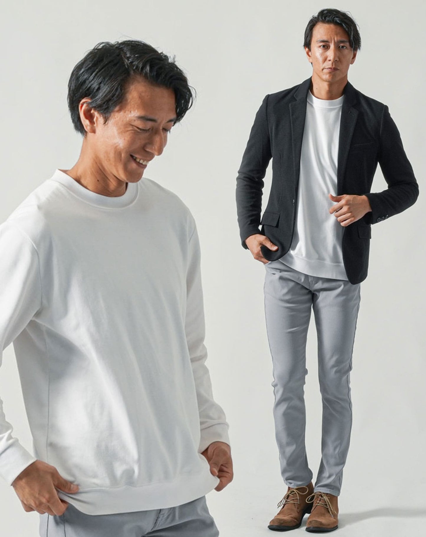 30代メンズ全身3点コーデセット　黒長袖テーラードジャケット×白長袖Tシャツ×グレーチノパンツ