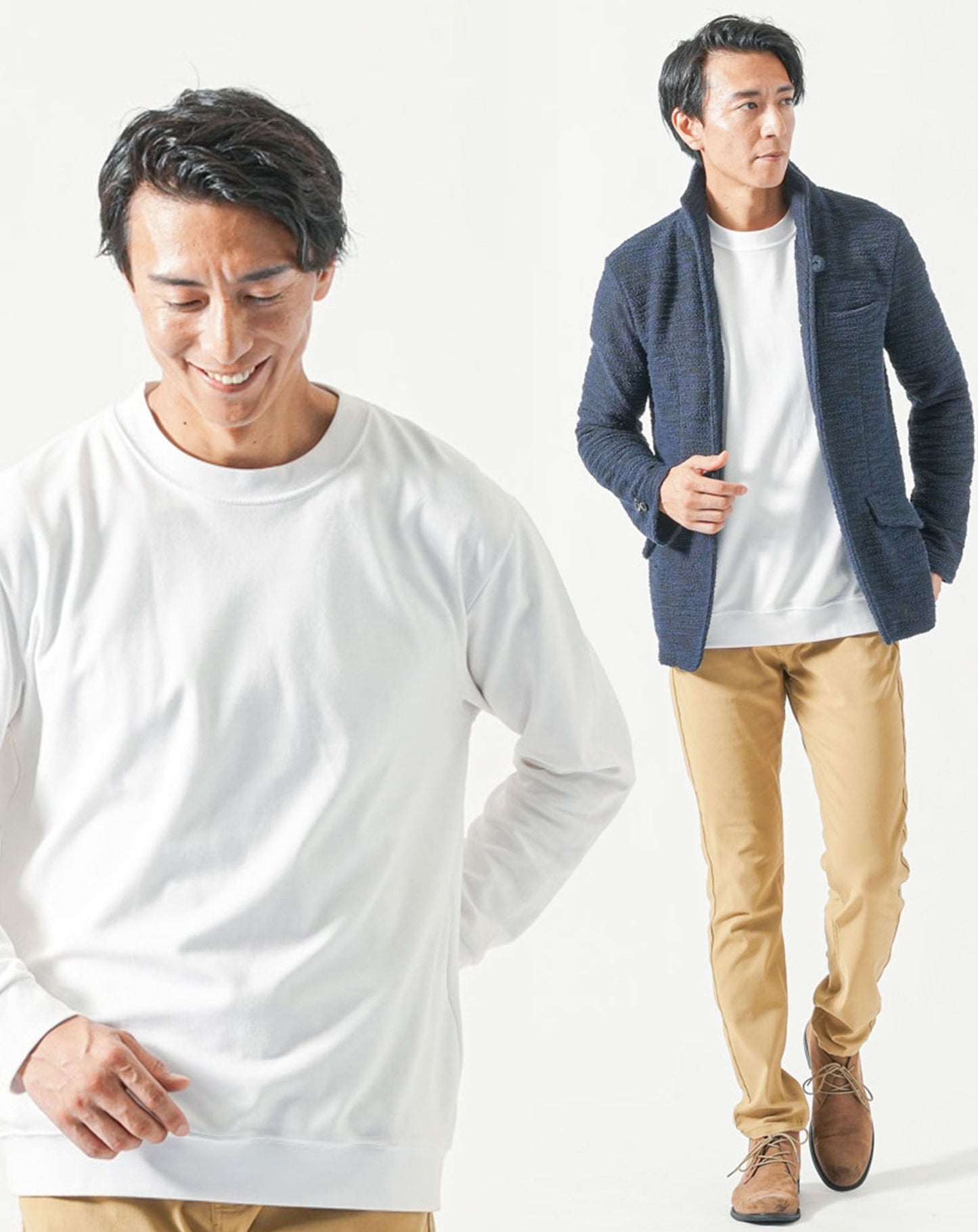 30代メンズ全身3点コーデセット　ネイビー長袖ジャケット×白長袖Tシャツ×ベージュチノパンツ