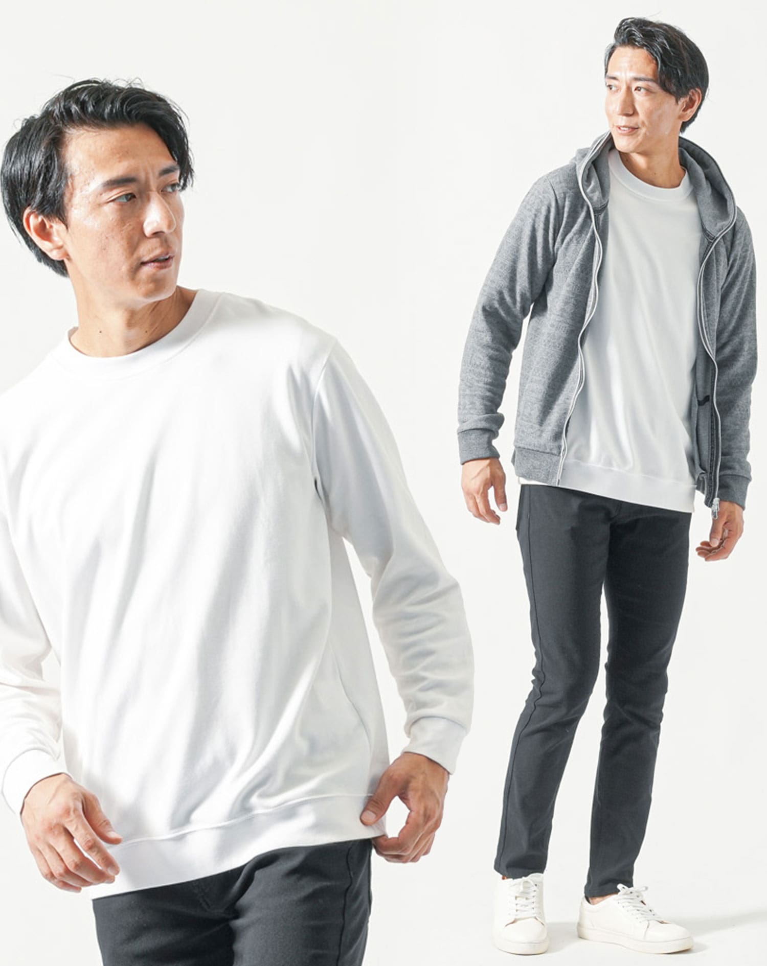 30代メンズ全身3点コーデセット グレー長袖パーカー×白長袖Tシャツ×黒