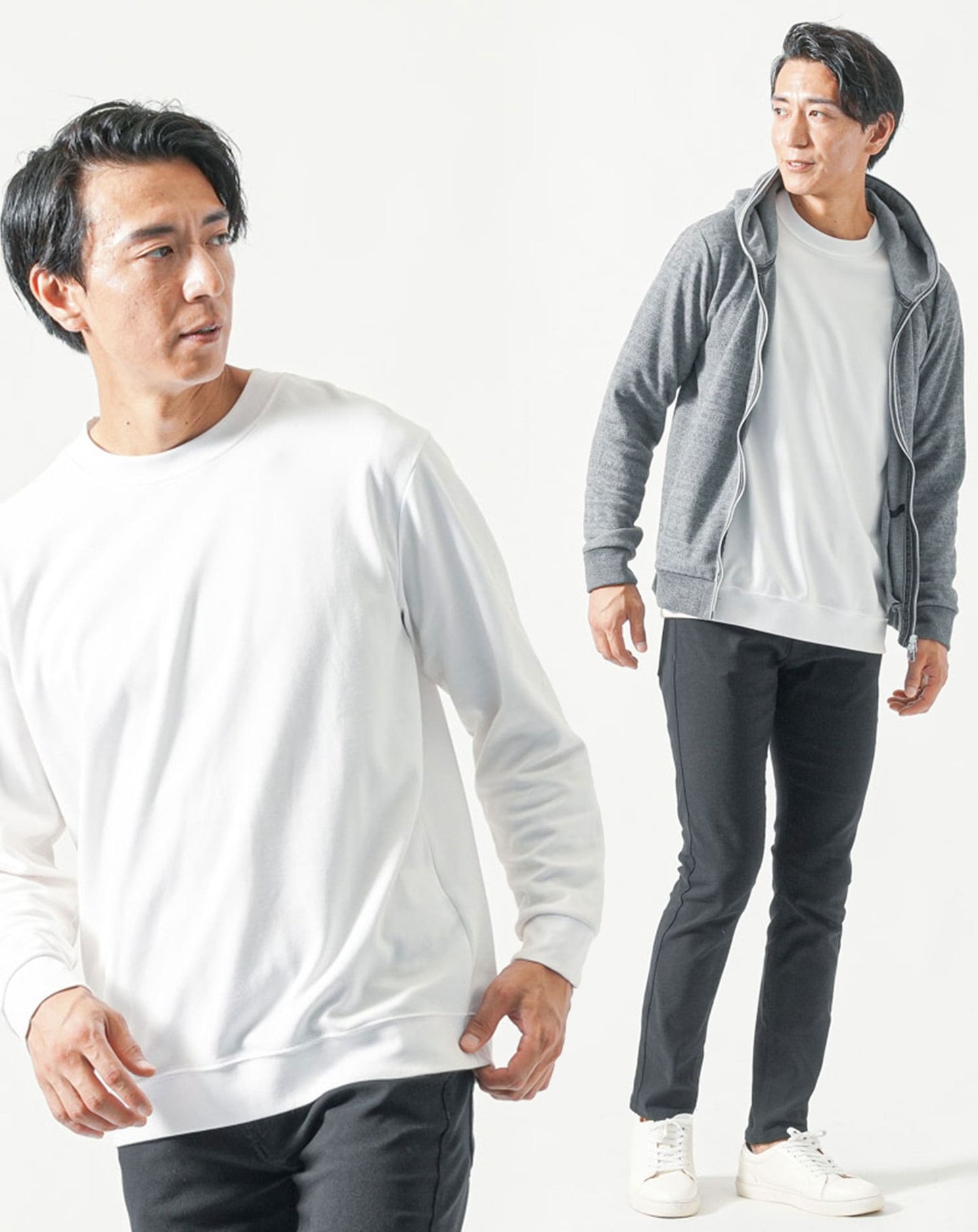 30代メンズ全身3点コーデセット　グレー長袖パーカー×白長袖Tシャツ×黒ストレッチチノパンツ