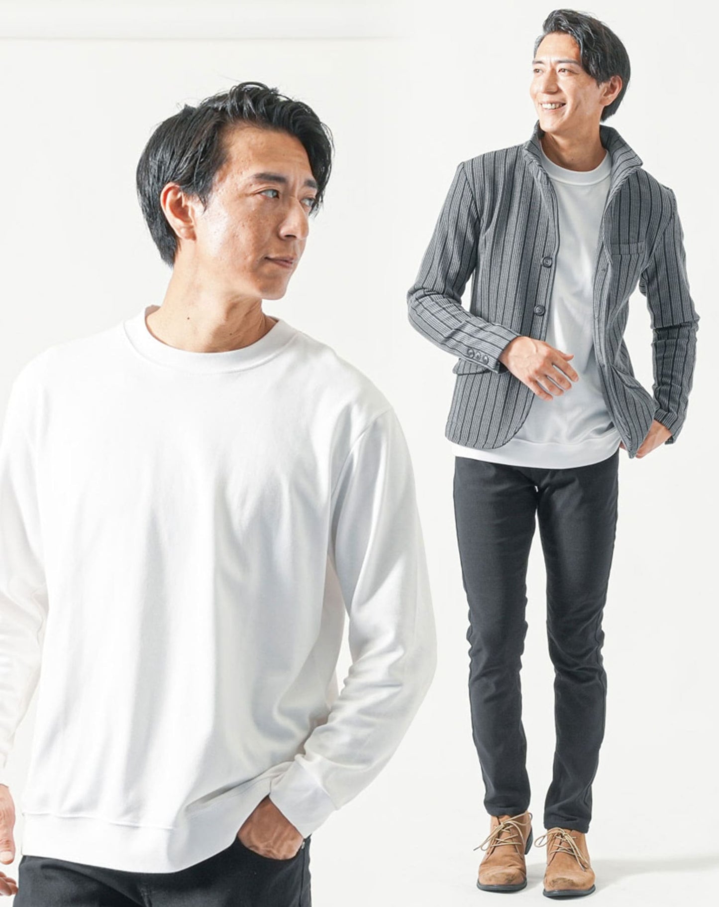 30代メンズ全身3点コーデセット　グレー長袖ジャケット×白長袖Tシャツ×黒ストレッチチノパンツ