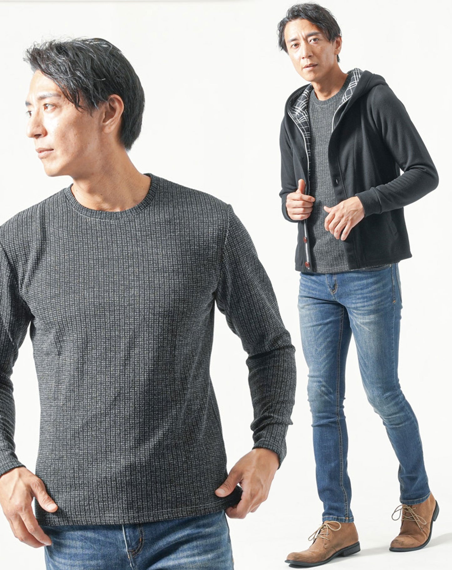 30代メンズ全身3点コーデセット　黒長袖パーカー×チャコールグレー長袖ニットTシャツ×ネイビーデニムパンツ