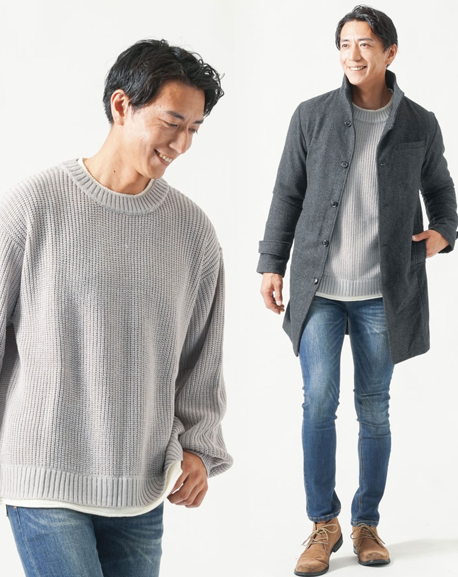 メンズ冬服全身3点コーデセット　黒ロングコート×グレー長袖ニットTシャツ×ネイビーデニムパンツ 30代 40代 マネキン買い ロングコート 上着 ニット セーター ジーパン ジーンズ スリム 細身 全身 男性 デート 服装 コーディネート アウター インナー ズボン ボトムス トレンド 流行り　冬 防寒