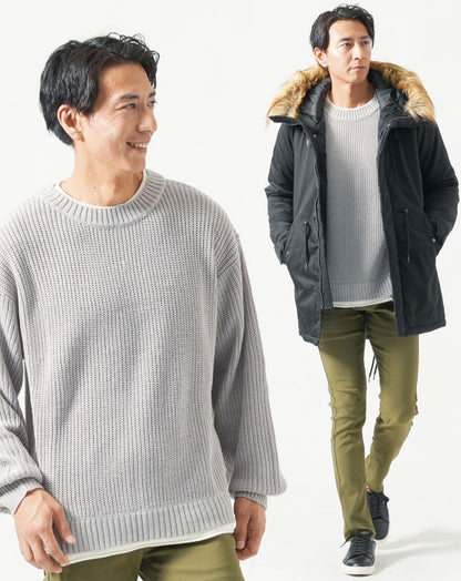 メンズ冬服全身3点コーデセット　黒モッズロングコート×グレー長袖ニットTシャツ×カーキチノパンツ 30代 40代 マネキン買い ロングコート モッズコート 上着 ニット セーター チノパン スリム 細身 全身 男性 デート 服装 コーディネート アウター インナー ズボン ボトムス トレンド 流行り 冬 防寒