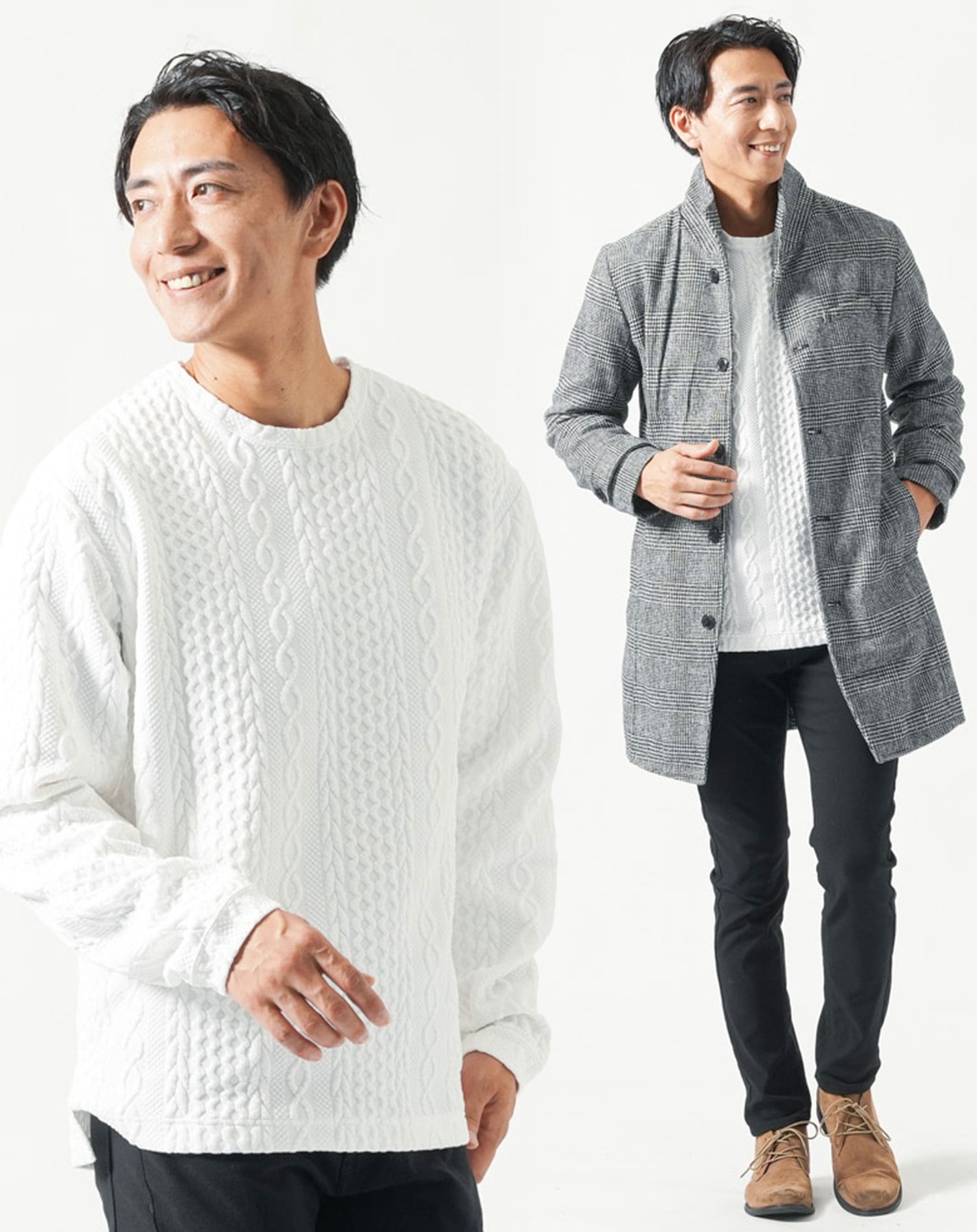 メンズ冬服全身3点コーデセット　グレンチェックロングコート×白長袖Tシャツ×黒チノパンツ 30代 40代 50代 マネキン買い ロングコート 上着 Tシャツ カットソー チノパン スリム 細身 全身 男性 デート 服装 コーディネート アウター インナー ズボン ボトムス トレンド 流行り　冬 防寒