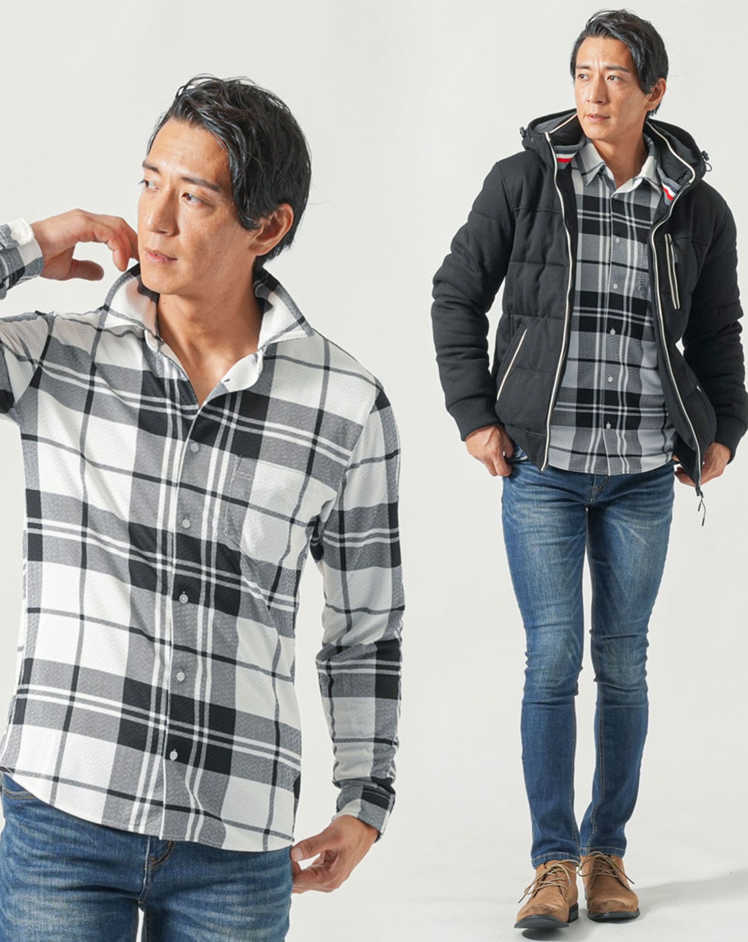 メンズ冬服全身3点コーデセット 黒中綿ダウンジャケット×白長袖