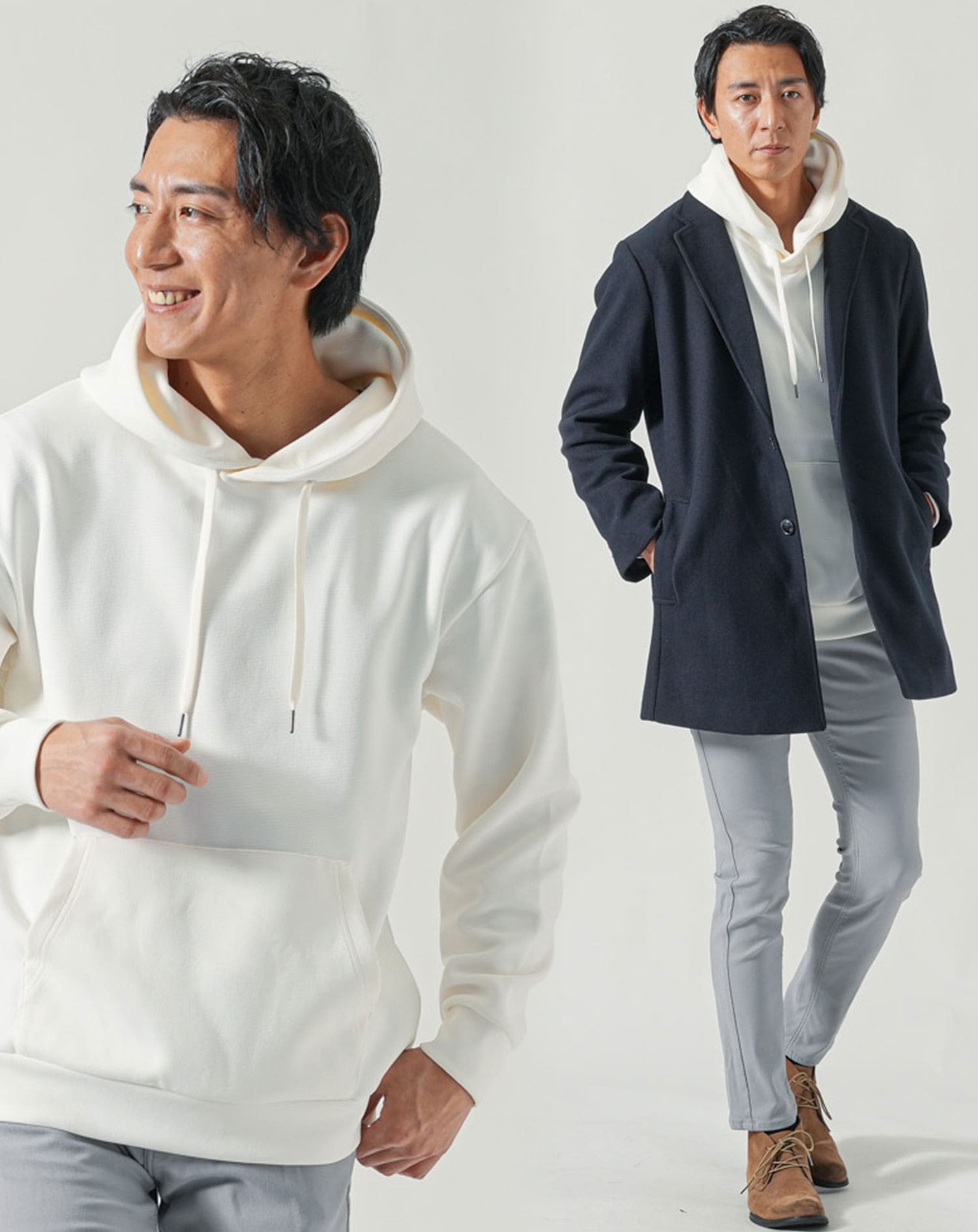 メンズ冬服全身3点コーデセット　ネイビーチェスターロングコート×白長袖パーカー×グレーチノパンツ 30代 40代 50代 冬 マネキン買い ロングコート 上着 パーカー チノパン スリム 細身 全身 男性 デート 服装 コーディネート アウター インナー ズボン ボトムス トレンド 流行り 防寒 ちょいワル イケオジ