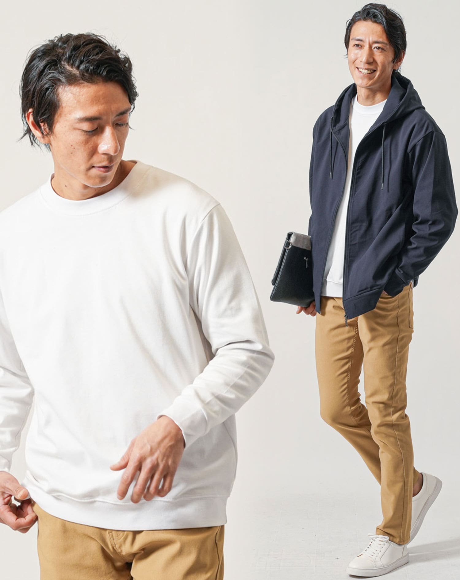 30代メンズ全身3点コーデセット ネイビー長袖ジップアップパーカー×白