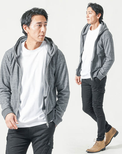 30代メンズ全身3点コーデセット　グレー長袖パーカー×白長袖Tシャツ×黒カーゴパンツ