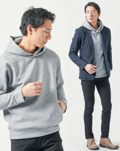 30代メンズ全身3点コーデセット　ネイビー長袖テーラードジャケット×グレー長袖パーカー×黒テーパードチノパンツ