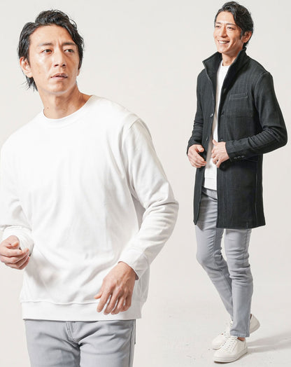 30代メンズ全身3点コーデセット　黒ロングコート×白長袖Tシャツ×グレーチノパンツ
