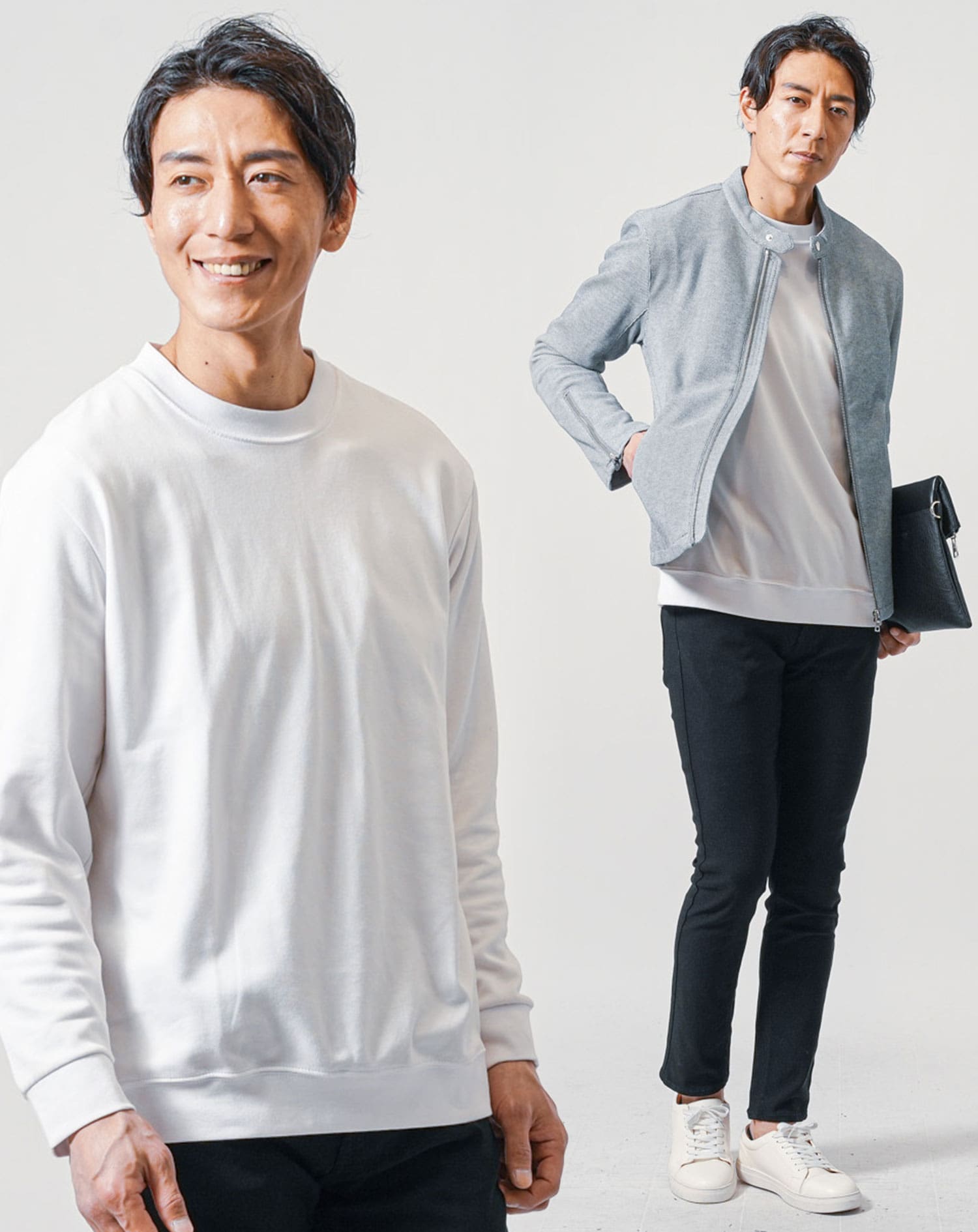 30代メンズ全身3点コーデセット グレーライダースジャケット×白長袖T
