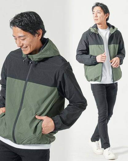 30代メンズ全身3点コーデセット　カーキマウンテンパーカー×白長袖Tシャツ×黒チノパンツ