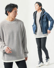 30代メンズ全身3点コーデセット　インディゴデニムジャケット×グレー長袖ニットTシャツ×黒テーパードチノパンツ