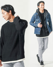 30代メンズ全身3点コーデセット　インディゴデニムジャケット×黒長袖ニットTシャツ×グレーテーパードチノパンツ