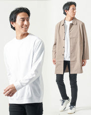 30代メンズ全身3点コーデセット　ベージュステンカラーロングコート×白長袖Tシャツ×黒チノパンツ