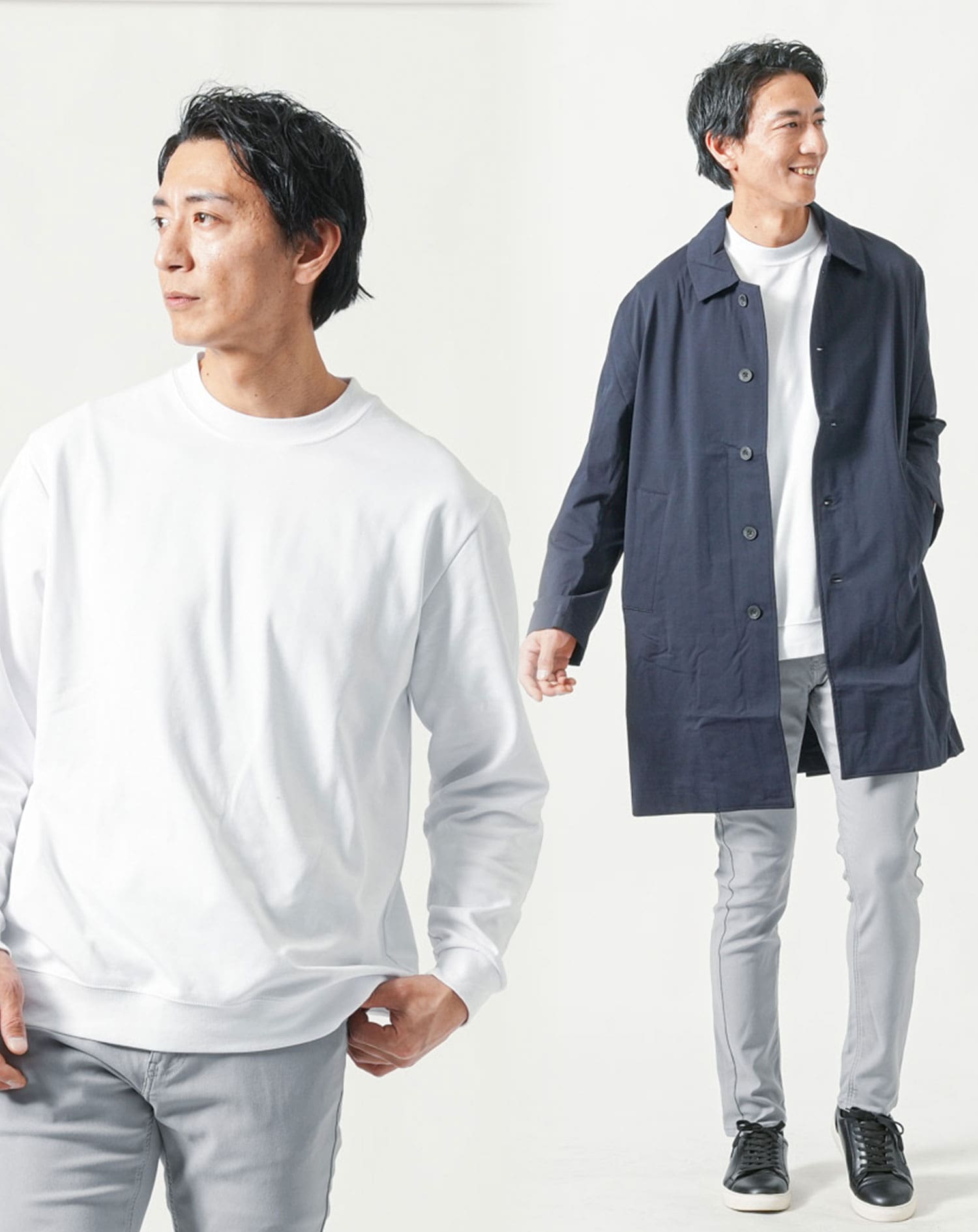 C6530 3点コーデ 30代メンズ全身3点コーデセット ネイビーステンカラーロングコート×白