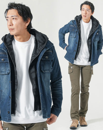 30代メンズ全身3点コーデセット　インディゴデニムジャケット×白長袖Tシャツ×カーキカーゴパンツ