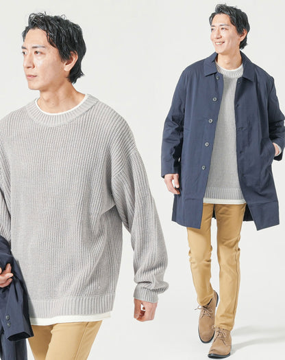 30代メンズ全身3点コーデセット　ネイビーロングコート×グレー長袖ニットTシャツ×ベージュチノパンツ