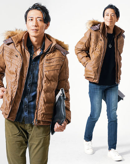 30代メンズ冬のトップス3点コーデセット　キャメル中綿ダウンジャケット×ブルー長袖チェックシャツ×黒長袖ニットTシャツ