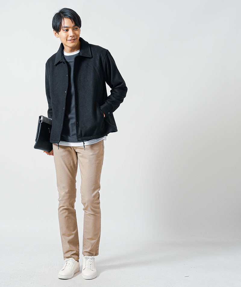 30代メンズ冬のトップス3点コーデセット 黒メルトンコーチジャケット