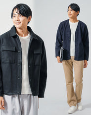 30代メンズ冬のトップス3点コーデセット　黒メルトンジャケット×ネイビーノーカラージャケット×白長袖ニットTシャツ