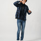 30代メンズ冬のトップス3点コーデセット　黒中綿ダウンジャケット×ブルー長袖チェックシャツ×黒タートルネックTシャツ