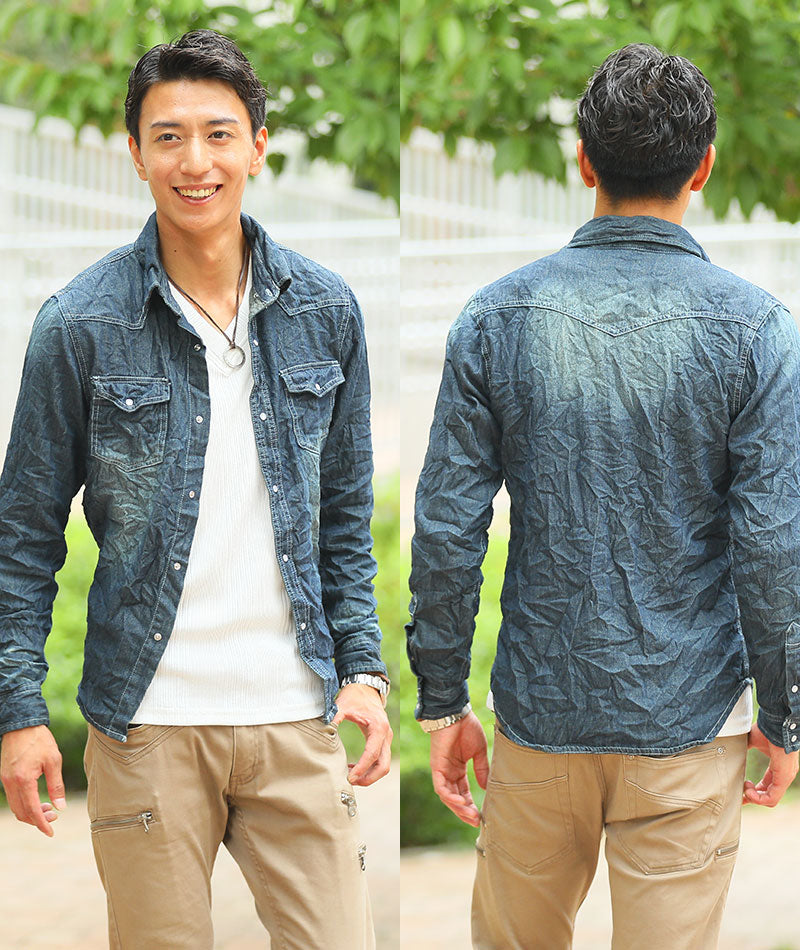 ケミカルウォッシュシワ加工デニムシャツ