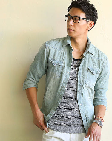 7分袖ケミカルウォッシュデニムシャツ