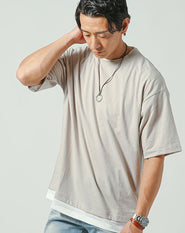 リラックスシルエットフェイクレイヤード半袖クルーネックTシャツ