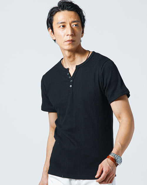 ランダムテレコ素材ヘンリーネック7分袖・半袖Tシャツ