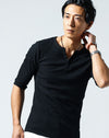 ランダムテレコ素材ヘンリーネック7分袖・半袖Tシャツ